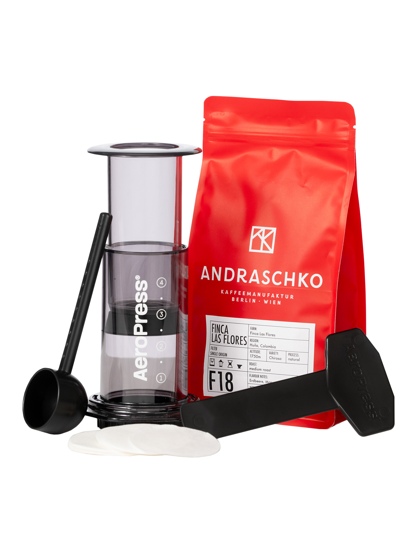 AeroPress Coffee Maker black + Aeropress filters + Finca Las Flores Chiroso Single Origin Filter Set