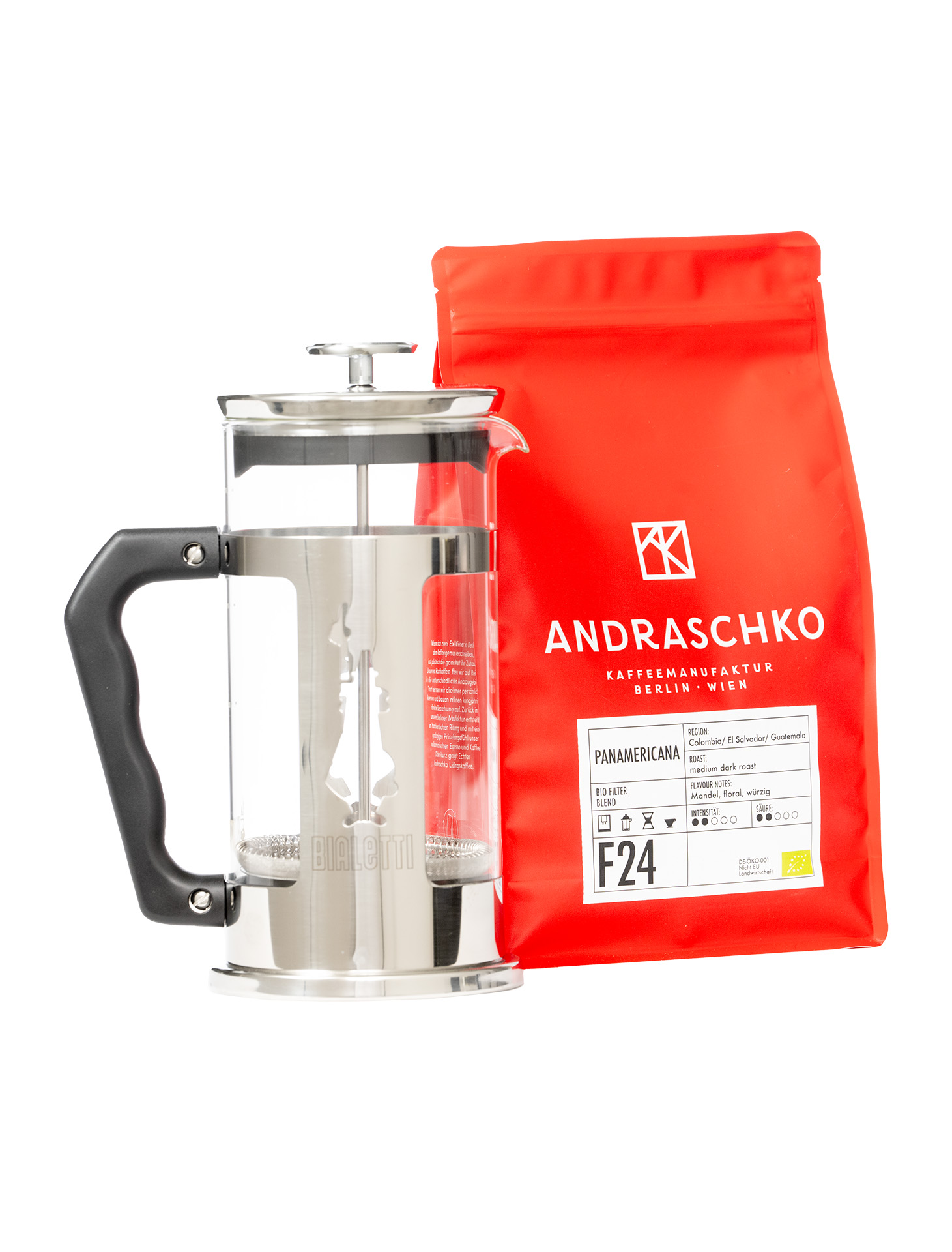Bialetti Preziosa French Press Panamericana Filter Blend 500g Set Bialetti Preziosa French Press Panamericana Filter Blend 500g Set