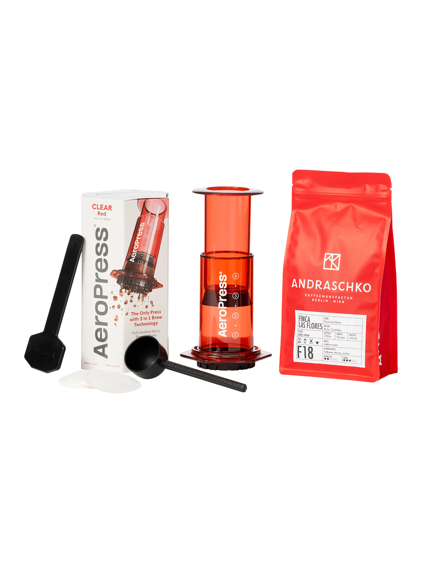 Aeropress Coffee Maker Red + Aeropress filters +Finca Las Flores Tabi Single Origin Filter 250g Set